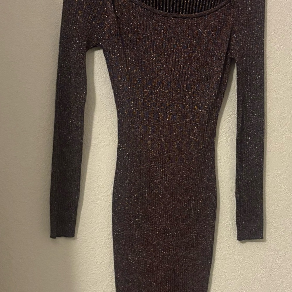 Long Sleeve Ribbed Shimmery Bodycon Dress in Dark Brown